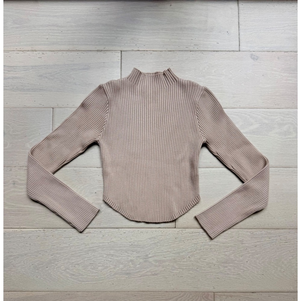 Mable Ribbed Knit Mock Neck Crop Sweater Top Beige Long Sleeve Women's Medium